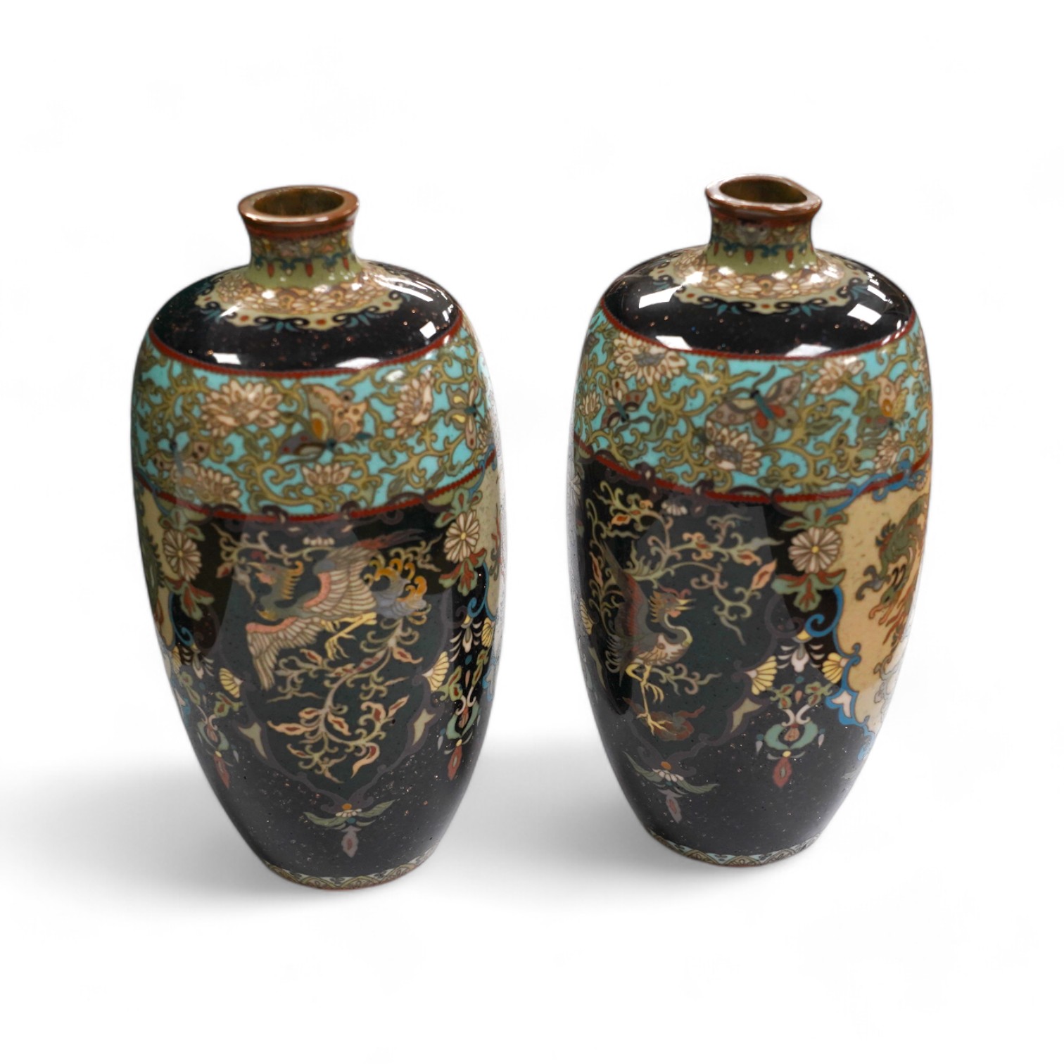 A pair of Japanese cloisonné enamel vases, signed, 14.5cm high. Condition - fair to good